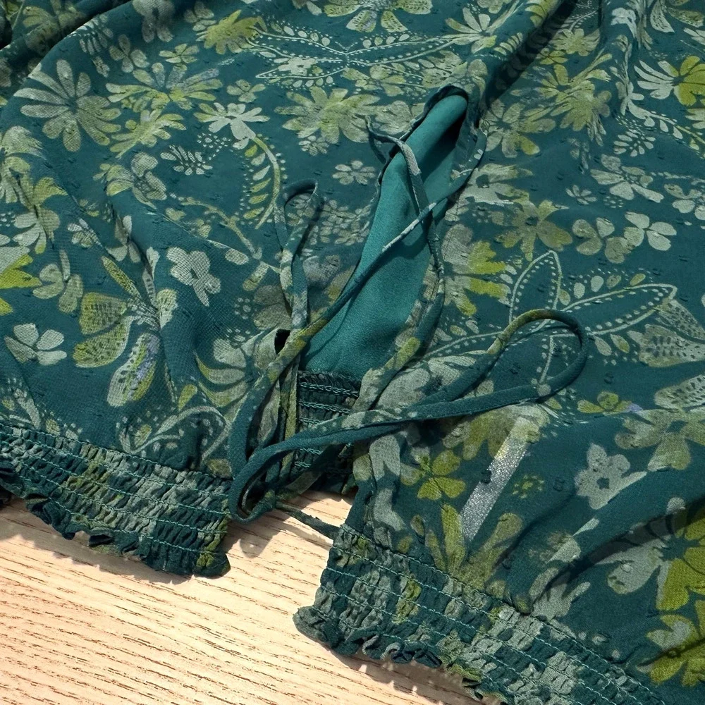 Free People Clarissa Blouse NWT Womens XL Green Sea Combo Floral Long Sleeve Top